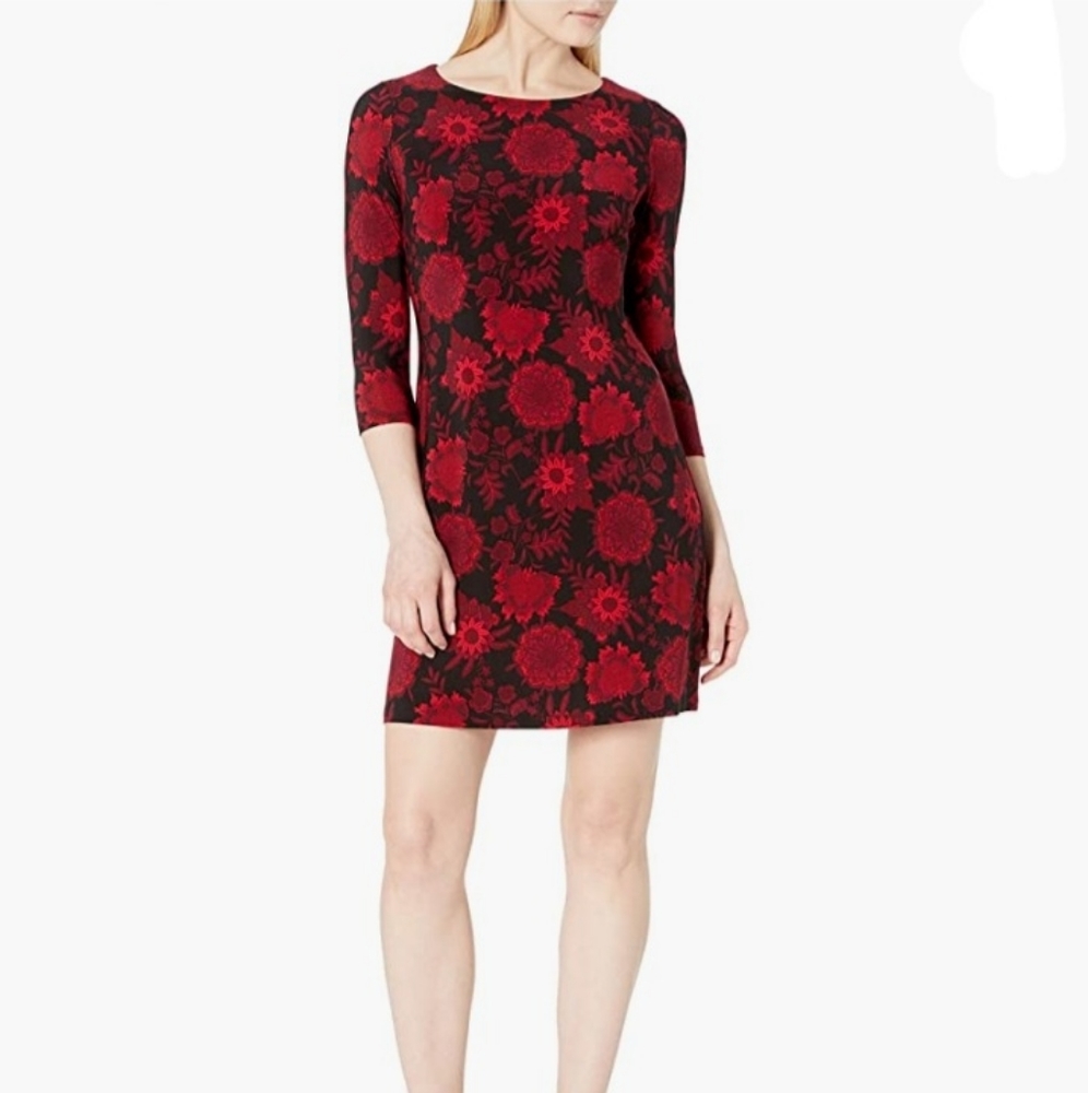 MidSleeve RoundNeck Floralprint Midi Scuba Crepe Sheath Dress Red Tommy